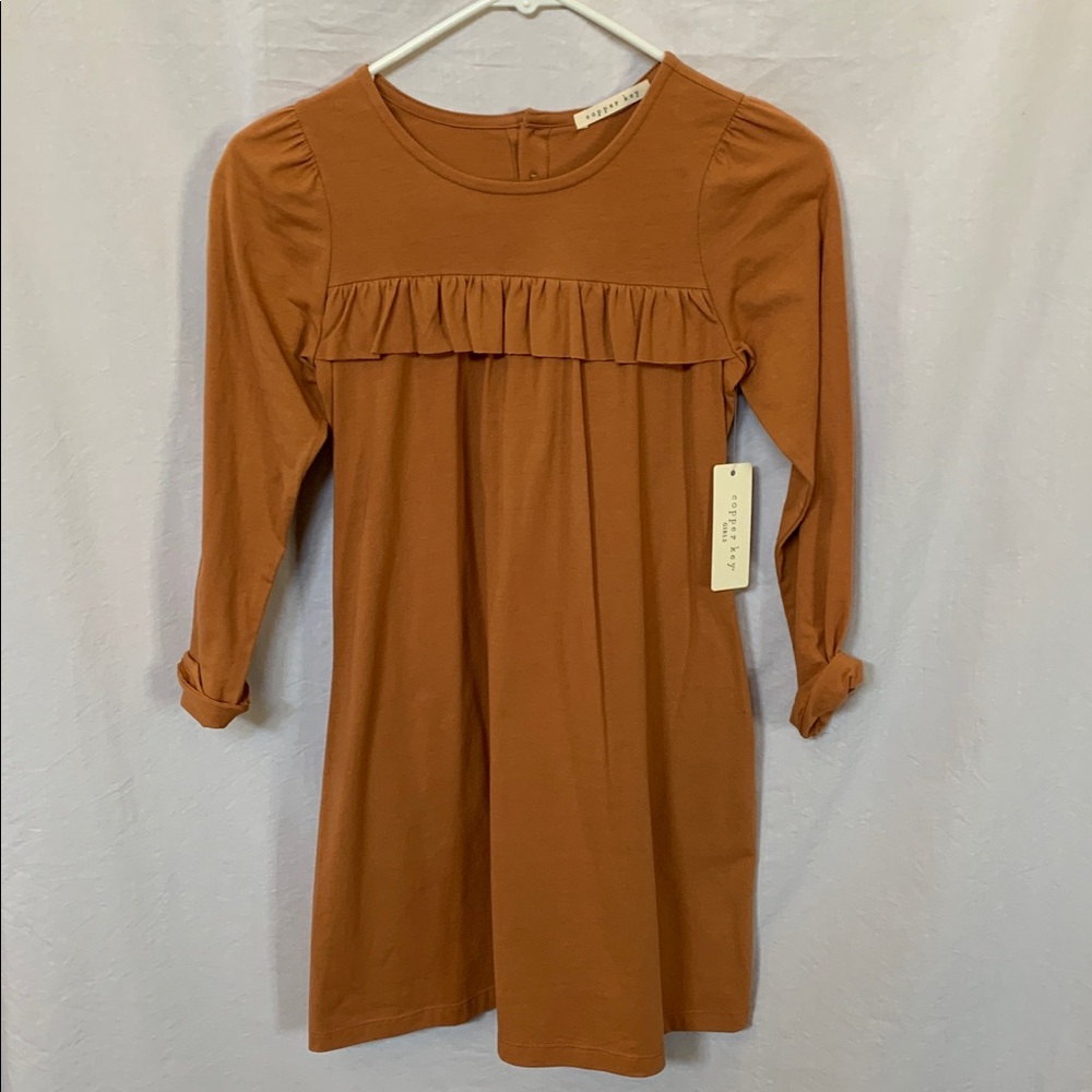 COPPER KEY Ruffle Yoke Long Sleeve Dress - Rust Color Back Closure NWT.